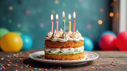 Poster - A delightful two-layered celebratory cake with colorful sprinkles and lit candles, surrounded by festive balloons.