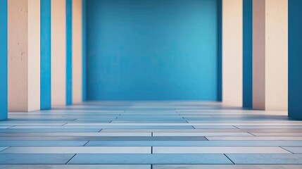Poster - Floor abstract background concept. Modern interior with blue walls and patterned floor, creating a serene atmosphere.