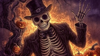 Wall Mural - Halloween skeleton in top hat with pumpkins and flames.