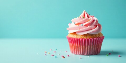 Poster - A Delectable Pink Frosted Cupcake with Sprinkles on a Light Blue Background