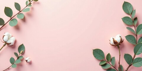 Poster - Pink Background with Delicate Cotton Blooms and Lush Green Leaves