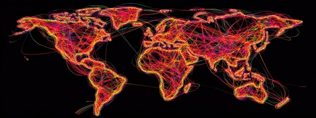 Poster - a colorful map of the world with many lines and dots