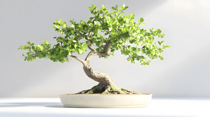 Canvas Print - A lush green bonsai tree in a light beige pot sits on a white surface, bathed in soft sunlight. Its intricate branches and vibrant leaves create a serene and calming image.