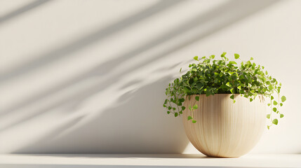 Canvas Print - A lush green plant in a light wooden bowl sits on a white surface, bathed in soft sunlight casting gentle shadows on a minimalist cream wall.  Perfect for home decor or plant lover themes.