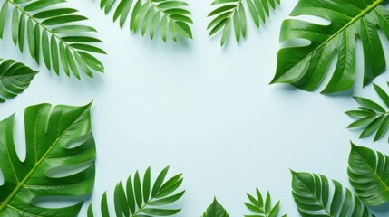 Poster - Lush Tropical Foliage Arranged on a Light Blue Background, Ideal for Summer Designs and Nature-Themed Projects