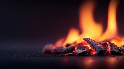 Poster - Fire abstract background concept. A close-up of glowing coals and flames against a dark background, showcasing fiery beauty.
