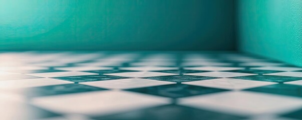 Poster - Floor abstract background concept. Stylish perspective view of a checkered floor against a vibrant teal wall.