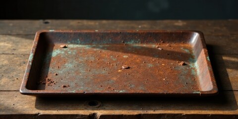 Aufkleber - Rustic, weathered metal tray with remnants of cocoa powder on a wooden surface