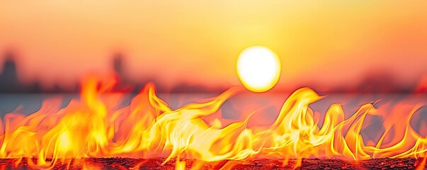 Poster - Fire abstract background concept. A stunning sunset with vibrant flames and warm colors reflecting on the water.