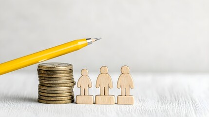 Wooden figures with coins and yellow pencil on white background