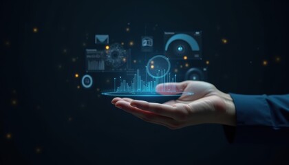 Poster - Futuristic technology interface with hand holding digital graphs and holographic data