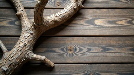 Aufkleber - Rustic Wooden Branch on Dark Brown Planks Background