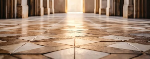 Poster - Floor abstract background concept. Elegant patterned floor tile design with warm light shining through an architectural space.