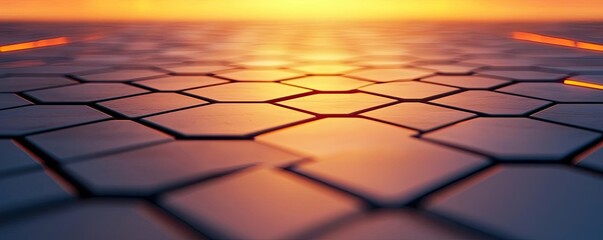 Poster - Floor abstract background concept. A close-up view of a hexagonal tile pattern with a sunset in the background.