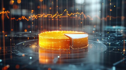 Poster - A D pie chart floating in a futuristic virtual space, surrounded by data points and glowing lines.