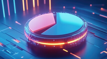 Poster - A D pie chart floating in a futuristic virtual space, surrounded by data points and glowing lines.