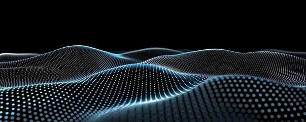 Poster - Dots abstract background idea. Abstract digital landscape with glowing waves and dotted patterns on a dark background.