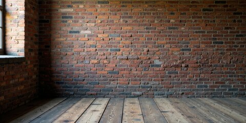 Poster - Rustic Interior with Brick Wall and Wooden Floor Ideal for Design Projects