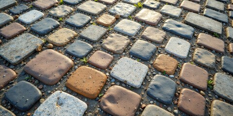 Fototapete - A sunlit cobblestone pathway with various colored stones and small plants sprouting between the paving stones