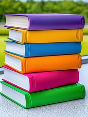 A photostock of stacked hardcover books in various sizes and colors, perfect for education, knowledge, and learning themes. High Quality