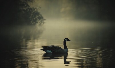 Poster - Canada goose on foggy lake at sunrise; serene nature scene