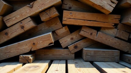 Poster - A Stack of Rustic, Weathered Wooden Beams in a Warehouse