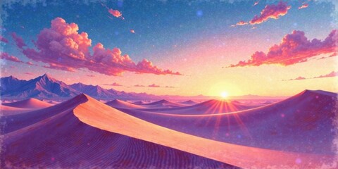 Poster - Serene Desert Sunset Pink Hues Over Rolling Dunes and Majestic Mountains