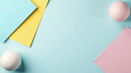 Poster - Pastel Spheres and Geometric Paper Shapes on a Light Blue Background