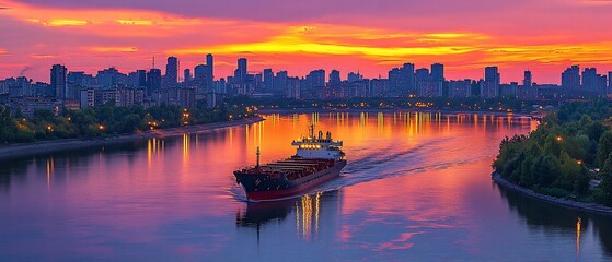 Canvas Print - Cargo ship at sunset, city skyline, river