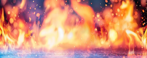 Poster - Fire abstract background concept. A vibrant representation of flames illuminating a dark background with sparks flying.