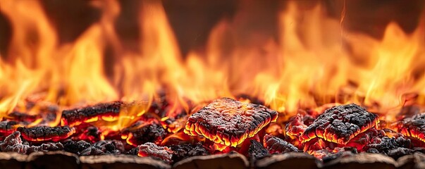 Poster - Fire abstract background concept. Close-up of glowing charcoal embers creating a warm, inviting barbecue atmosphere.