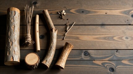 Aufkleber - Rustic Wooden Elements Arranged on Dark Wood Background