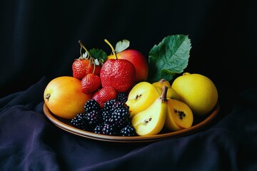 Sticker - Still life fruit bowl, apples, berries, dark background, food photography