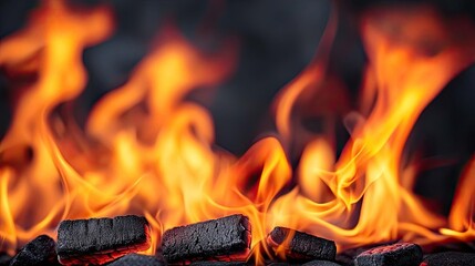 Poster - Fire abstract background concept. Vibrant flames dancing over glowing charcoal, illuminating a warm ambiance.