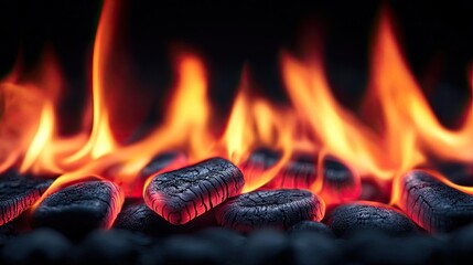 Poster - Fire abstract background concept. Close-up of glowing charcoal with vibrant flames, perfect for grilling and cooking.