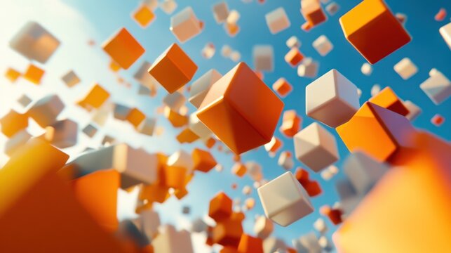 Abstract 3D Rendering: Orange and White Cubes Falling Through a Bright Blue Sky