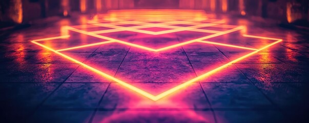 Poster - Floor abstract background concept. Abstract neon lines create a vibrant, glowing pattern on a reflective surface.