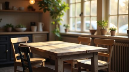 Aufkleber - Rustic Wooden Table in Sunlit Kitchen with Plants and Chairs