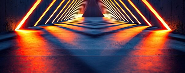 Poster - Floor abstract background concept. Futuristic corridor with vibrant lighting and abstract geometric patterns on the floor.