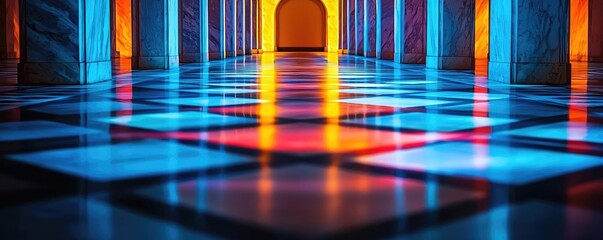 Poster - Floor abstract background concept. Colorful reflections in a modern architectural corridor showcasing dynamic lighting.