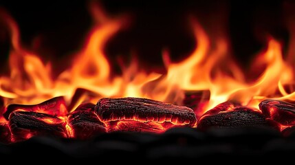 Poster - Fire abstract background concept. Glowing coals with vibrant flames creating a warm, inviting atmosphere.