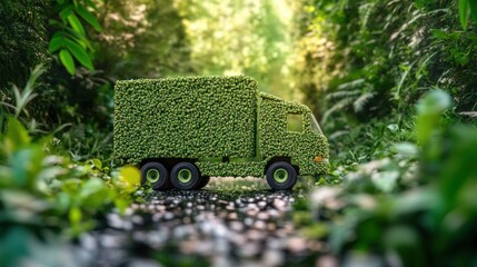 Wall Mural - Green transport concept with a truck icon representing sustainable logistics, traveling against a serene forest backdrop for a net-zero carbon emission theme