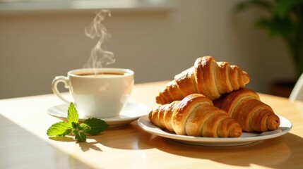 Poster - Warm morning beverage and freshly baked croissants on a sunny table