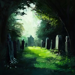 Wall Mural - Sunlit Path Through a Forest Cemetery