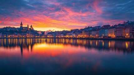 Canvas Print - Cityscape sunrise, river reflection, colorful sky, buildings, calm water, travel