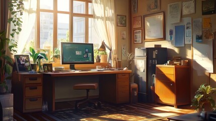 Poster - A comfortable workspace with a large desk, a monitor, and a few personal items like a photo frame and plants.