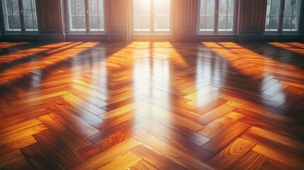 Aufkleber - Floor abstract background concept. Bright sunlit indoor wooden floor with beautiful herringbone pattern and shadows.