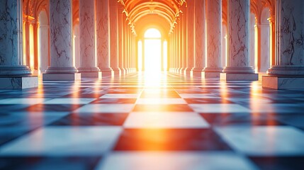Poster - Floor abstract background concept. A grand corridor illuminated by sunlight, featuring marble pillars and a checkerboard floor.