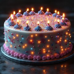 A beautifully decorated birthday cake with colorful frosting, sprinkles, and lit candles.