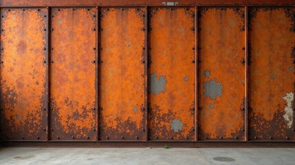 Poster - Rustic Orange Metal Wall with Patina and Rivets A Weathered Industrial Background
